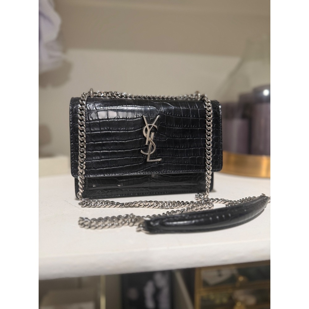 YSL Saint Laurent Chain Shoulder Bag Black Croc Embossed Leather Silver Detail